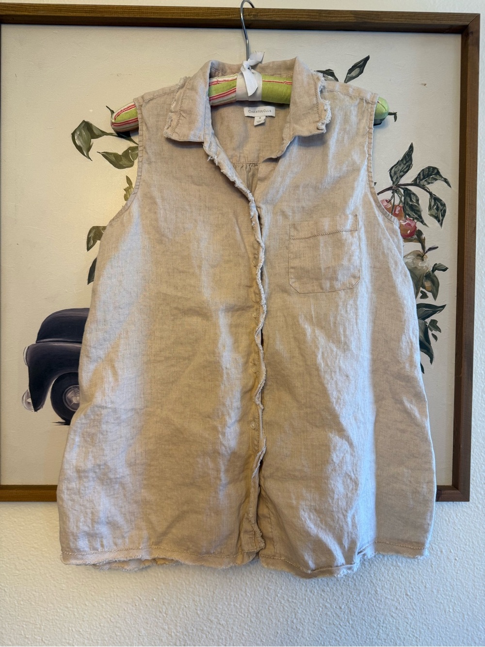 Sleeveless Beige 100% Linen Button-Front Top